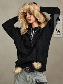 ROMWE Grunge Punk Vintage Ruffled Detail Women Zippered Open Front Oversized Hooded Cardigan, Autumn/Winter