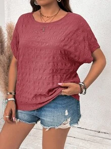 SHEIN VCAY Plus Size Bat Sleeve Textured Round Neck Casual Shirt - Pink - View 4