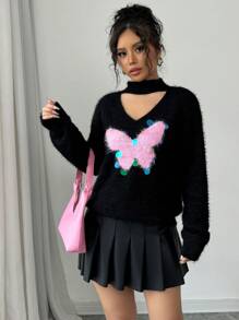 SHEIN Unity Autumn/Winter Fashion Hollow Sequin Decor Butterfly Pattern Keyhole Stand Collar Sweater Knit Pullover Fall - Black - View 6