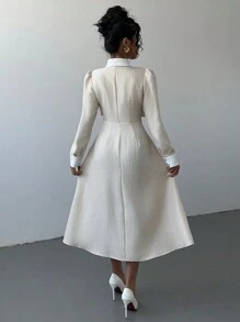 Selianne 女士休闲通勤优雅拼接厚花呢中长长袖连衣裙，秋冬长款女装 - 杏色 - 查看 2