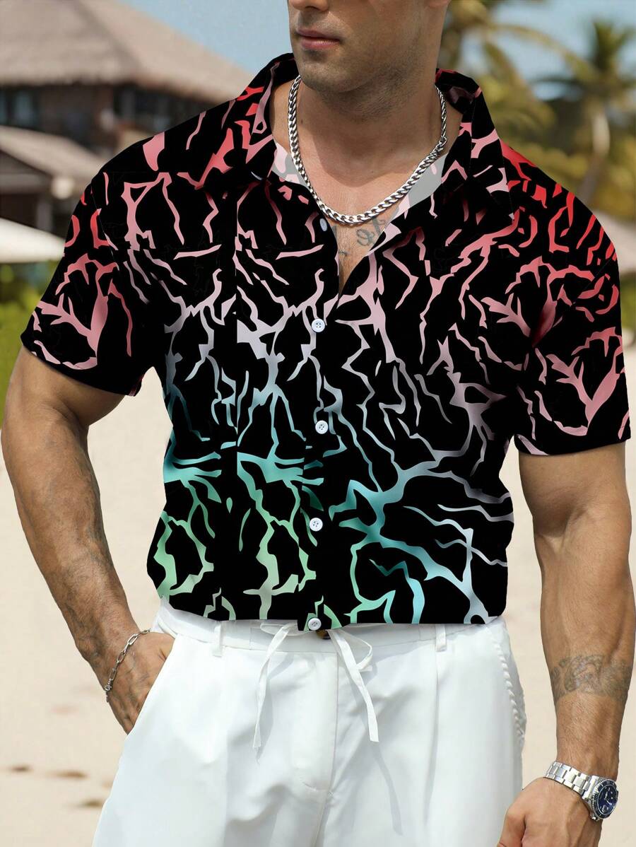 Manfinity Dauomo 男士休闲全印花短袖前扣衬衫，夏季 - 彩色 - 查看 1