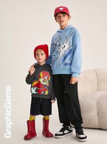 Tween Boys Casual Letter & Cartoon Print Round Neck Drop Shoulder Long Sleeve Hoodie And Pants 2 Pieces Clothes Set, Autumn/Winter