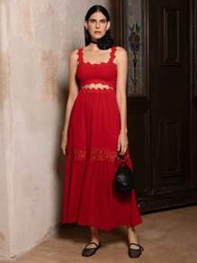 VERO DIAZ Designer Red Chiffon Contrast Lace Cut Out Long Party Dress Outfit, Going Out, Spring, Festival, Rave Outfits Festival - Red - View 3