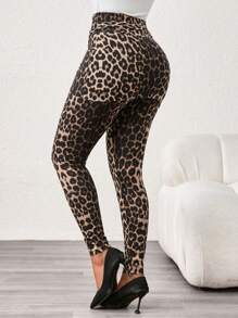 SHEIN Lady Brown Leopard Print Check Decorative Women's Slim Leggings Skirt Wrap Design Women's Leggings