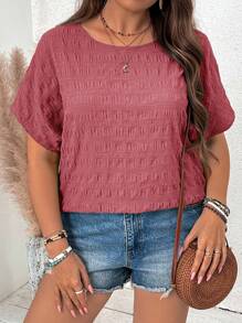 SHEIN VCAY Plus Size Bat Sleeve Textured Round Neck Casual Shirt - Pink - View 6