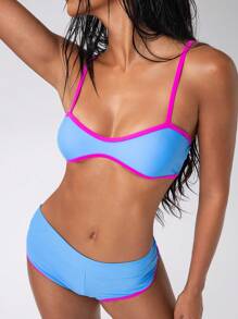 Swim EVENT 夏秋新款，时尚拼色两件套比基尼，边缘拼色女士泳衣套装，运动风欧美时尚辣妹设计，适合音乐节和电子音乐节，性感时尚设计，适合时尚达人，蓝色，粉色，少女 - 藍色 - 查看 6