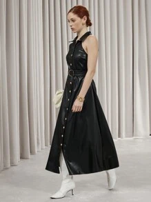 SHEIN Privé High-End Elegant Business Attire Long Dress, Lapel Collar, Black Faux Leather Fabric, Tie-Belt & Button Closure, Sleeveless Design - Black - View 3