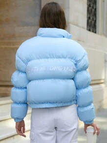 RueChic Lightweight, Back Embroidery Detailed, Stylish, Padded Puffer Winter Coat - Blue - View 8