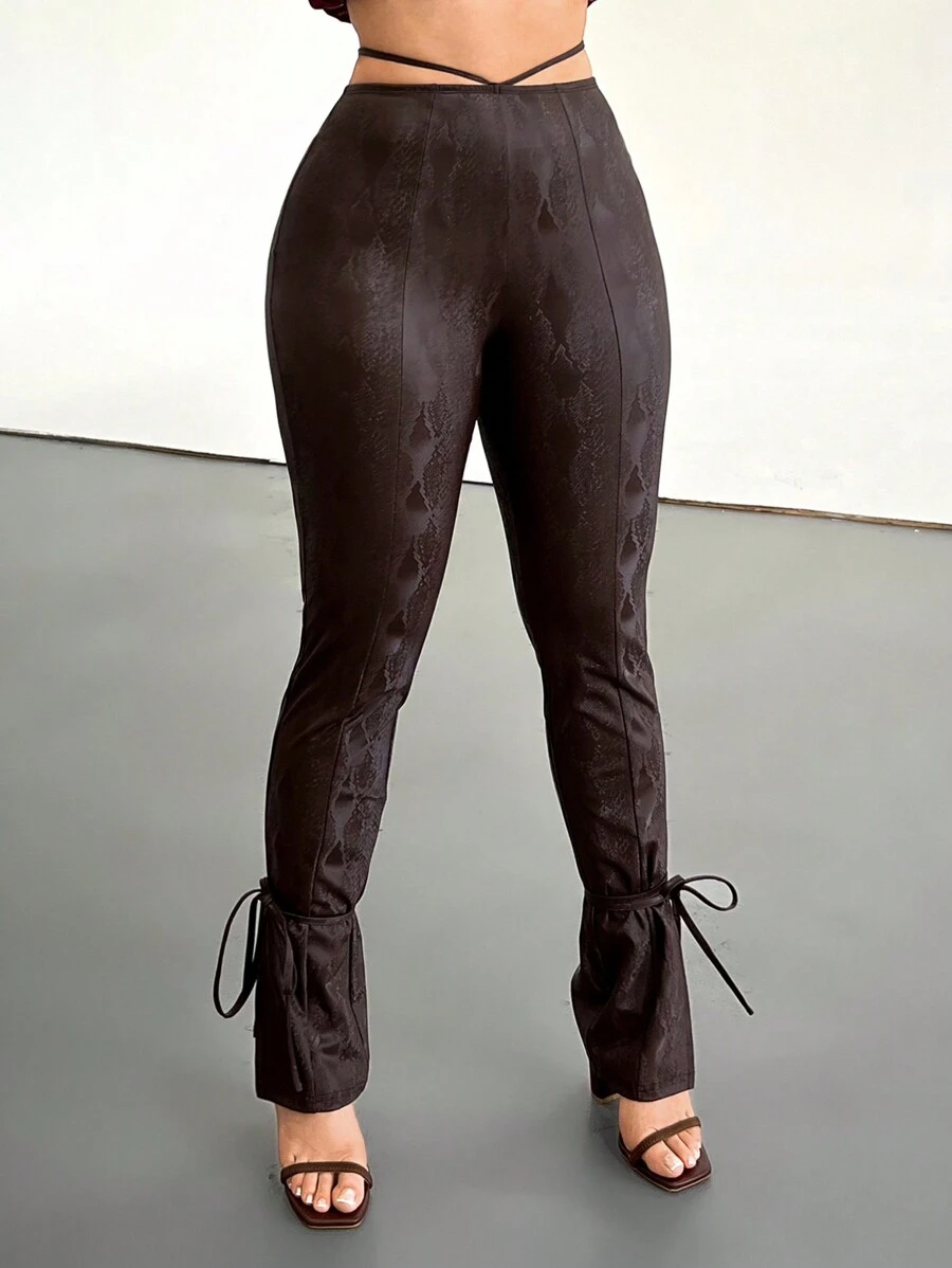 SHEIN SXY Women's Sexy & Elegant Animal Print High Waist Tie Waist PU Leggings - Black - View 1