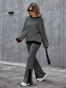 SHEIN Essnce Plus-size damespak, herfst/winterpak, grijs casual pak, damesset dameskleding, dameskledingsets winterset
