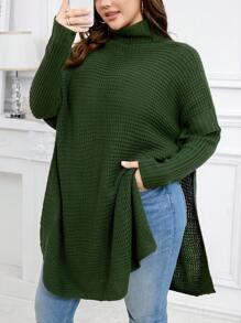 SHEIN LUNE 女士加大码宽松立领落肩长袖套头毛衣针织衫秋冬款 - 綠色 - 查看 1