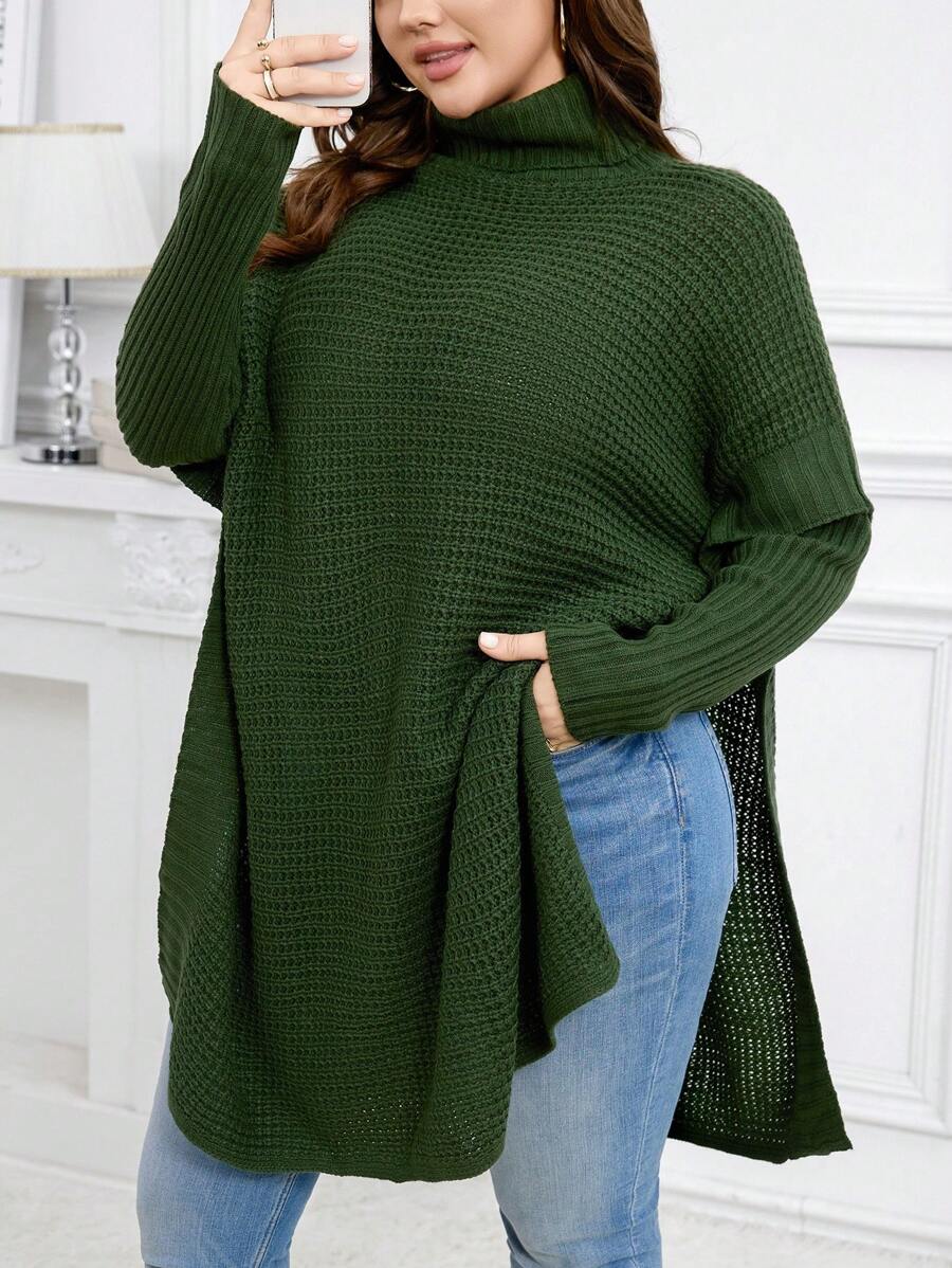SHEIN LUNE 女士加大码宽松立领落肩长袖套头毛衣针织衫秋冬款 - 綠色 - 查看 1