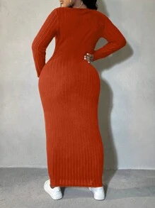 SHEIN SXY Plus Size Solid Color Sweetheart Collar Long Sleeve Casual Long Dress - Rust Brown - View 2