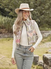 LanaWest 女式前拉链无袖全身印花冬季夹克，适合日常休闲穿着 - 彩色 - 查看 3