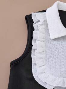 PrepCrw Young Girls' College Style Black & White Splicing Ruffle Trim Woven Bodycon Dress With Collar