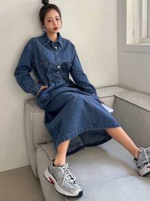 DAZY 女式收腰领衬衫连衣裙搭配牛仔裤 - 中等水洗藍 - 查看 4