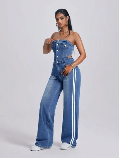 Jeanoix Women's Casual Hollow Out Strap Bustier Denim Jumpsuit