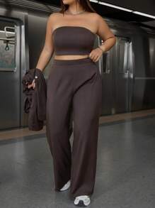 Calvaya Plus Size Women's Fashion Solid Color Casual Elegant Blazer, Long Pants, Vest, 3pcs Business Suit Set, Work Commuter Style, Spring/Autumn - Coffee Brown - View 6