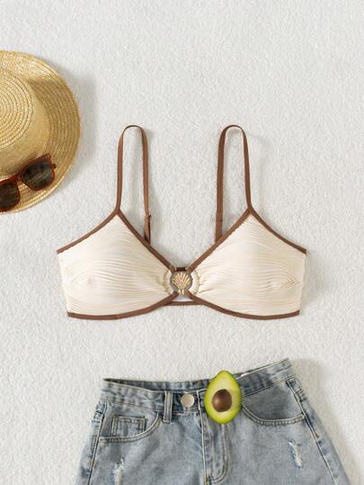 Swim Mod 女士海滩夏季复古米色特殊面料拼布抽绳饰边金色贝壳装饰比基尼泳装上衣