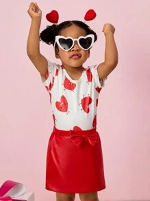 SHEIN Explorewe 女婴可爱心形图案印花上衣搭配红色 PU 皮革裙子 2 件套服装，时尚设计 - 彩色 - 查看 4