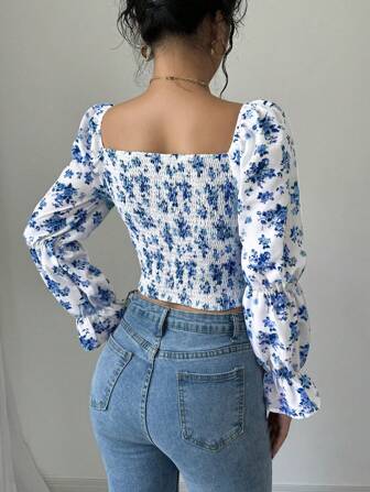 Rafferiza Vit Ditsy Blommig Bell Sleeve Dragsko Midja Dam Blus