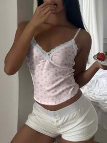 SHEIN EZwear Áo ba lỗ ren hoa màu hồng Ditsy dành cho nữ, phù hợp cho mùa xuân/hè - Hồng - Xem 1