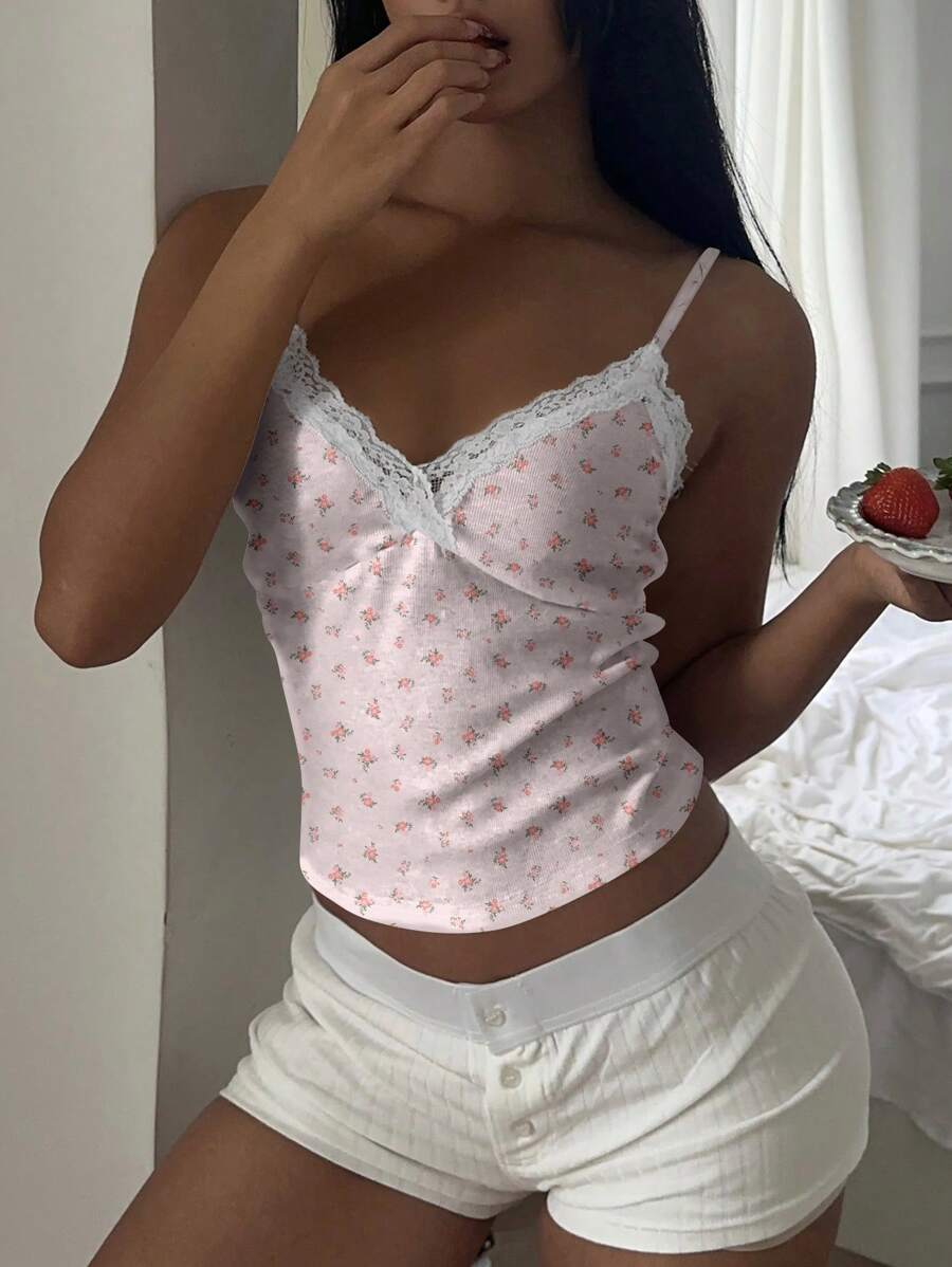 SHEIN EZwear Áo ba lỗ ren hoa màu hồng Ditsy dành cho nữ, phù hợp cho mùa xuân/hè - Hồng - Xem 1