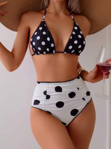 Swim Mod 女士波尔卡圆点印花高腰前系带抹胸比基尼套装夏季 - 黑與白 - 查看 1