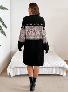 SHEIN LUNE 大码雪花几何图案提花落肩毛衣连衣裙商务休闲女士、度假装、乡村上衣