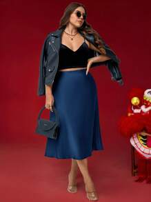 SHEIN LUNE Plus Size Women Solid Color Zipper Fastening Elegant Skirt Party Skirts