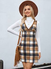 SHEIN LUNE Women's Casual Plaid Sleeveless Short Dress For Autumn