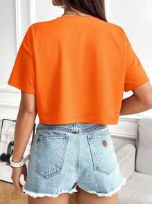 SHEIN EZwear Áo crop top in chữ và số màu cam giản dị dành cho nữ - trái cam - Xem 2