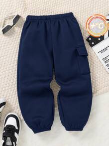 SHEIN 1 件年轻男孩加厚保暖内衬休闲运动裤，适合通勤、上学、日常休闲、学院风、学院风、基本款，适合儿童装、年轻男孩服装、返校、校服、幼儿园、生日派对、典礼、婚礼、洗礼、日常穿着、通勤、运动、秋冬 - 藏蓝色 - 查看 5