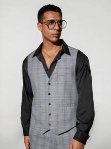 Manfinity VCAY Chaleco sin mangas casual de tela a cuadros de corte ajustado para hombre - Gris - Ver 5