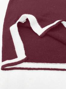 Plus Size Vrouwen Contrasterende Kleur Gebreide Ronde Hals Split Trim Colorblock Lange Mouw Top En Rechte Pijp Broek Casual Sets, Bordeauxrood Sweaterpak Voor Herfst/Winter