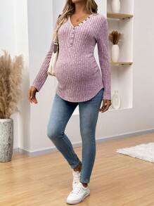 SHEIN Maternity Front Button Long Sleeve Simple Rib T-Shirt, Casual Everyday Wear - Mauve Purple - View 3