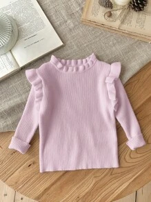 SHEIN LMoss Kids LMoss Babygirl Ruffled Hem Solid Color Simple V-Neck Long Sleeve Knit Sweater, Versatile For Autumn/Winter - Pink - View 1