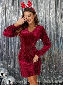 SHEIN Clasi Women V-Neck Velvet Christmas New Year Mini Dress
