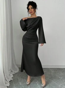 Chiquease 女式露肩荷叶边鱼尾连衣裙，优雅合身的廓形，秋冬长款女装 - 黑色 - 查看 5