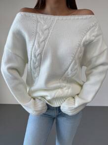 Aloruh Suéter holgado y casual de punto de cable con cuello redondo y hombros descubiertos para mujer, crema