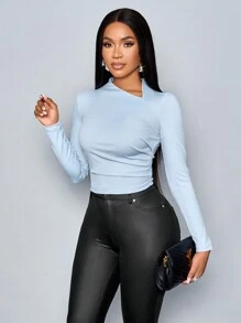 SOLERSUN T-shirt moulant à col asymétrique froncé, couleur unie tendance, automne