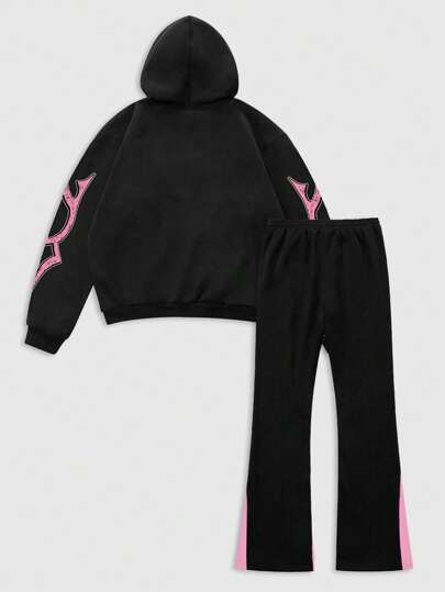 Street Life Ensemble sweat-shirt à capuche imprimé figure décontracté et pantalon évasé pour hommes pour l'automne/hiver