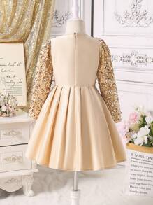 Glamorique Kids Young Girl Sequin Mix Mesh Butterfly Decor Round Neck Long Sleeve Princess Dress - Champagne - View 2