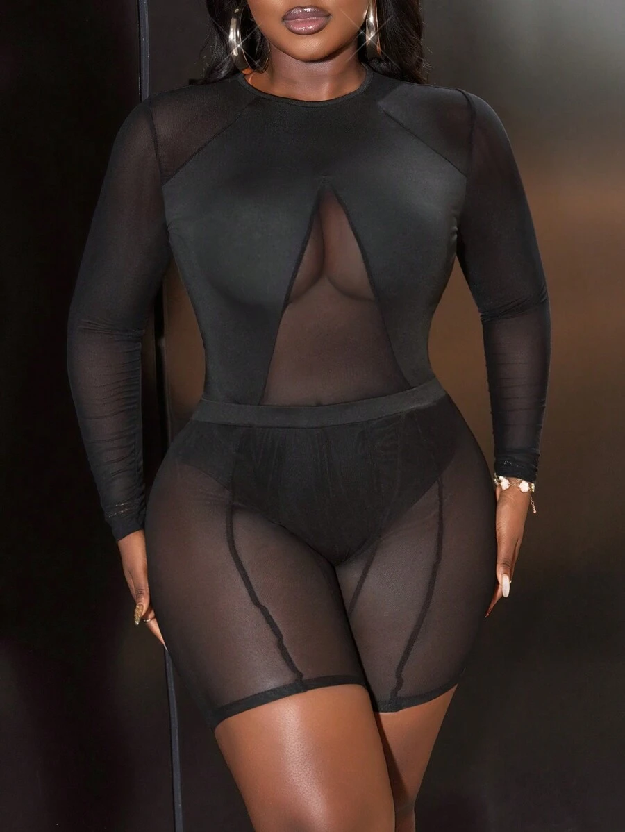 Slaydiva Body oversize à col rond, manches longues, avec contraste en maille, décontracté - Noir - Voir 1