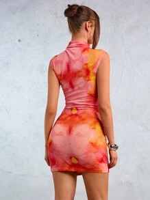 SHEIN SXY Noworoczna Elegancka Seksowna Nocna Sukienka Musi Mieć Walentynki Żółta Drukowana Siatkowa Plisowana Bez Rękawów Wysoki Dekolt Mini