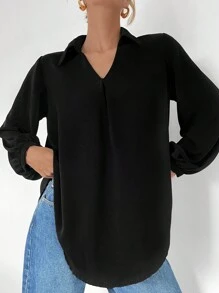 SHEIN Essnce 女士秋冬休闲宽松舒适 V 领黑色长袖衬衫、秋季女装、女式衬衫、曲线上衣、老款、黑色上衣、商务休闲女装、女士办公室服装、女士服装、女士上衣、工作上衣、新年女士节日衬衫 V 领上衣休闲上衣 - 黑色 - 查看 4