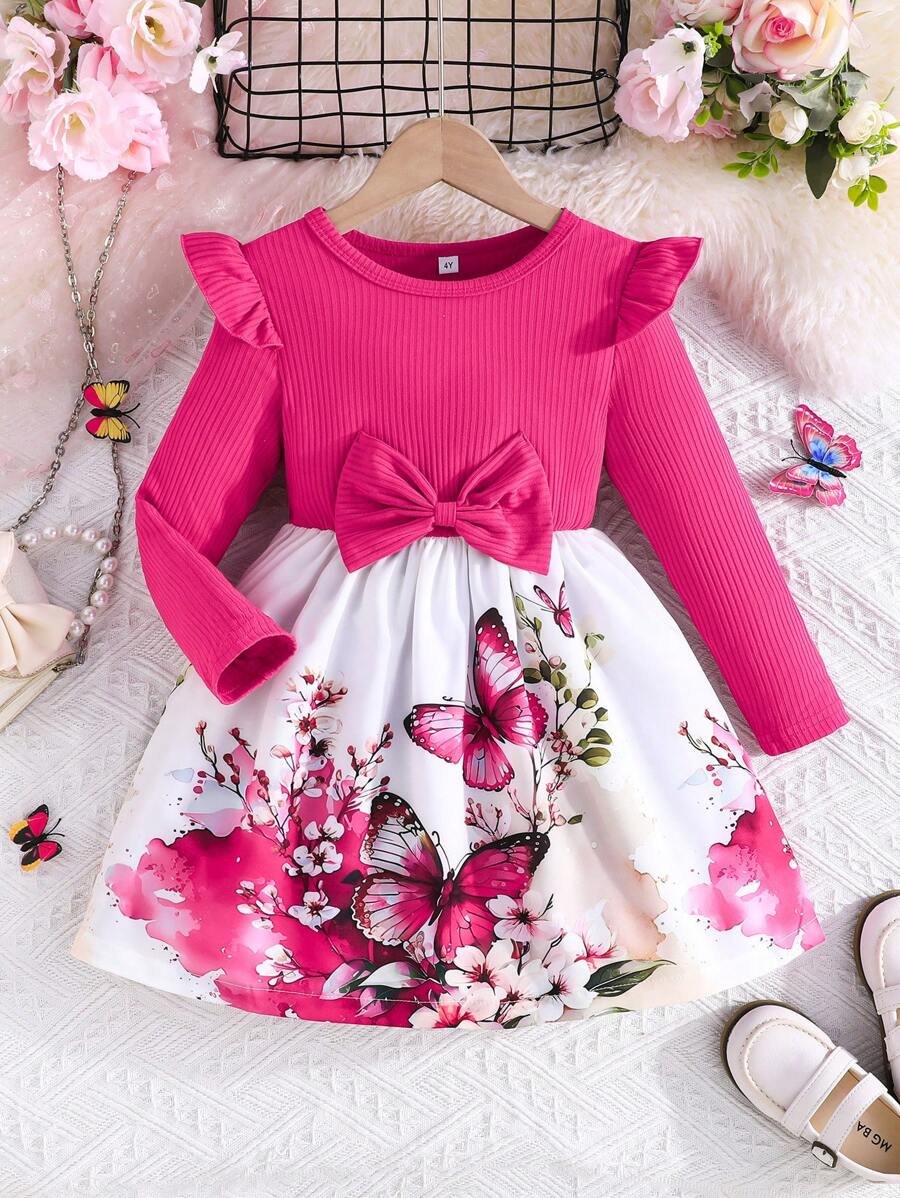 Vestido azul de manga larga con estampado de mariposas y flores, estilo elegante de princesa, para otoño/invierno - Rosa Fucsia - Ver 1