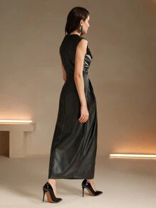 Anewsta Urban Chic Lightweight Faux Leather Textured Sleeveless Pleated Dress For Ladies Maxi Women Outfit