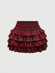 ROMWE J-Fashion 女式圣诞格子印花荷叶边下摆迷你裙 - 酒紅色 - 查看 1