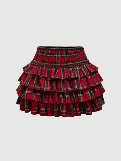 J-Fashion Women's Christmas Plaid Print Ruffle Hem Mini Skirt